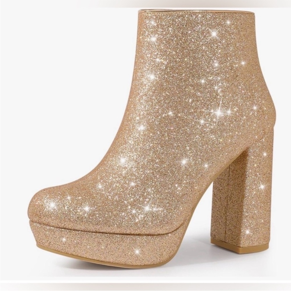 NWOT NEW! Allegra K GlitterGold Platform RoundToe Chunky Heels Ankle Boots!Sz7.5